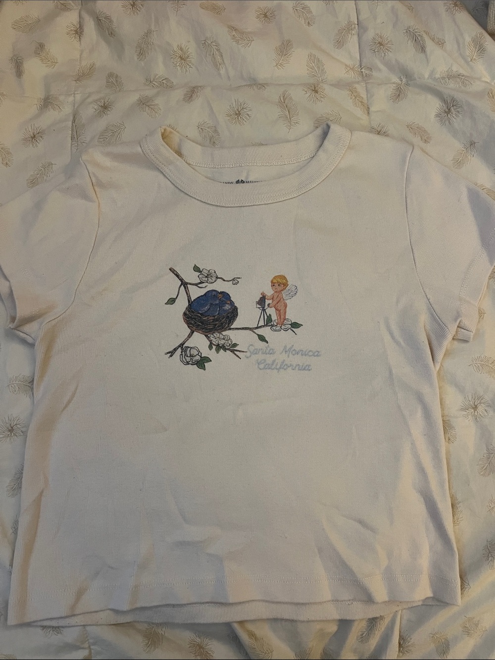 Brandy Melville White Baby Tee with Blue Nest and Cherub
